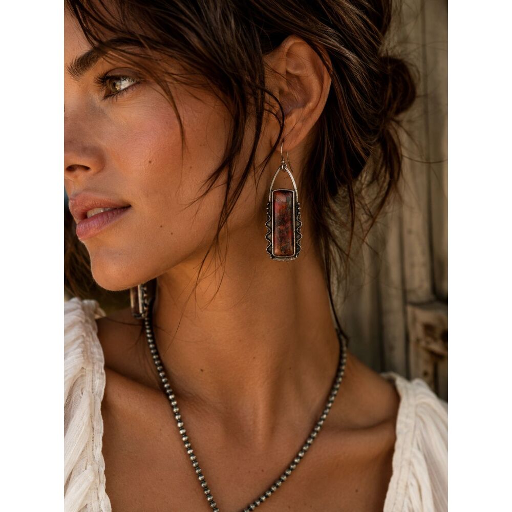 Rustic Red Faux Jasper Southwestern Silver Tone  Earrings Boho Artisan Dangles